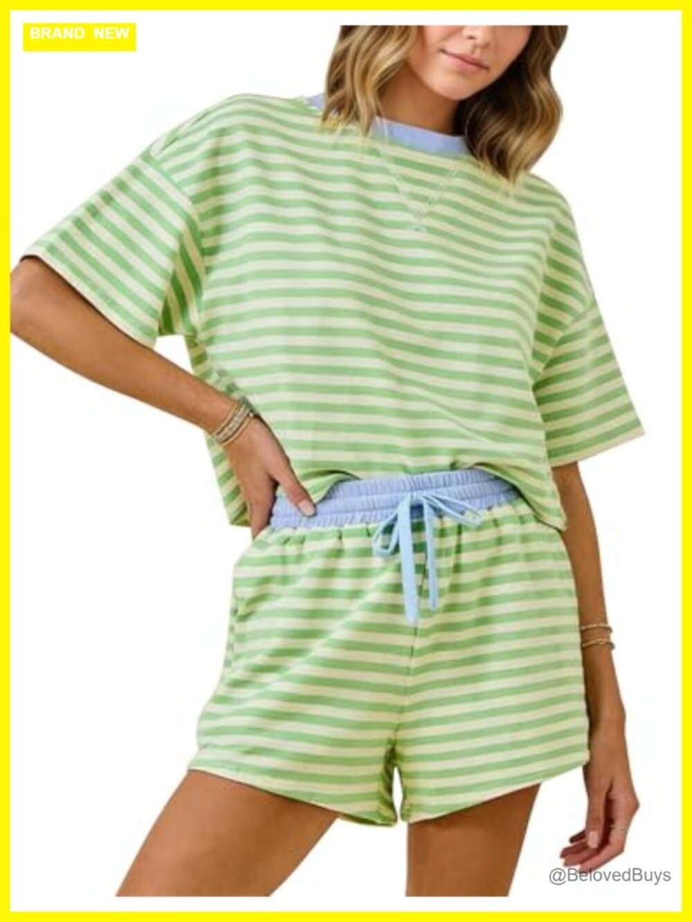 Striped Cotton Blend Lounge Set Short Sleeve Tee & Drawstring Shorts 2 Piece
